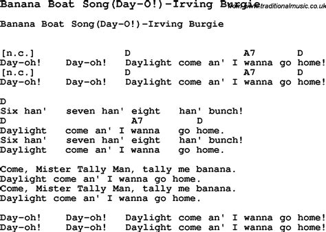 Tally me banana lyrics - "Day-O (The Banana Boat Song)" is a traditional Jamaican folk song. The song has mento influences, but it is commonly classified as an example of the better known calypso music. It is a work song, from the point of view of dock workers working the night shift loading bananas onto ships. The lyrics describe how daylight has come, their shift is over, and …
